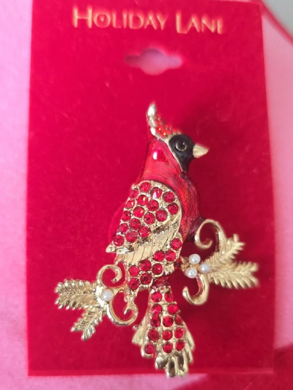 Macy's Vintage Holiday Lane Red and Gold Cardinal Brooch